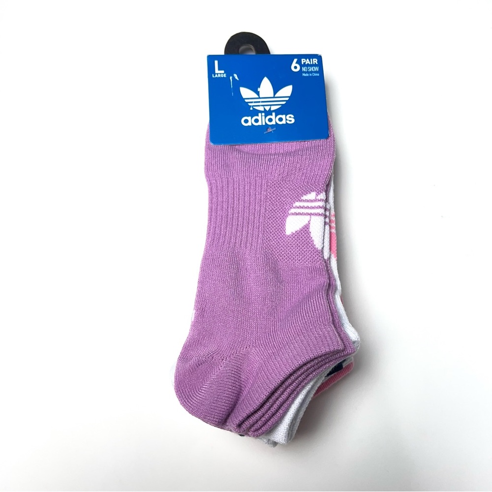 Adidas Socks 6 pair No Show Polyester Purple Pink Blue White Men Sz L Unisex